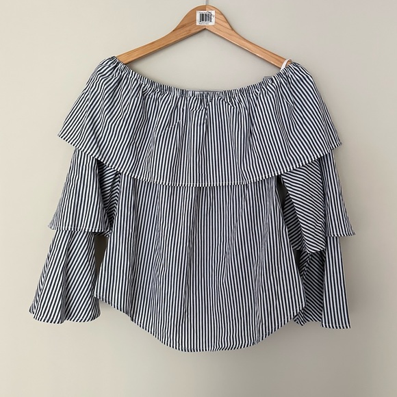 Love, Fire Blue Striped Off Shoulder Tiered Sleeve Blouse - Picture 5 of 5